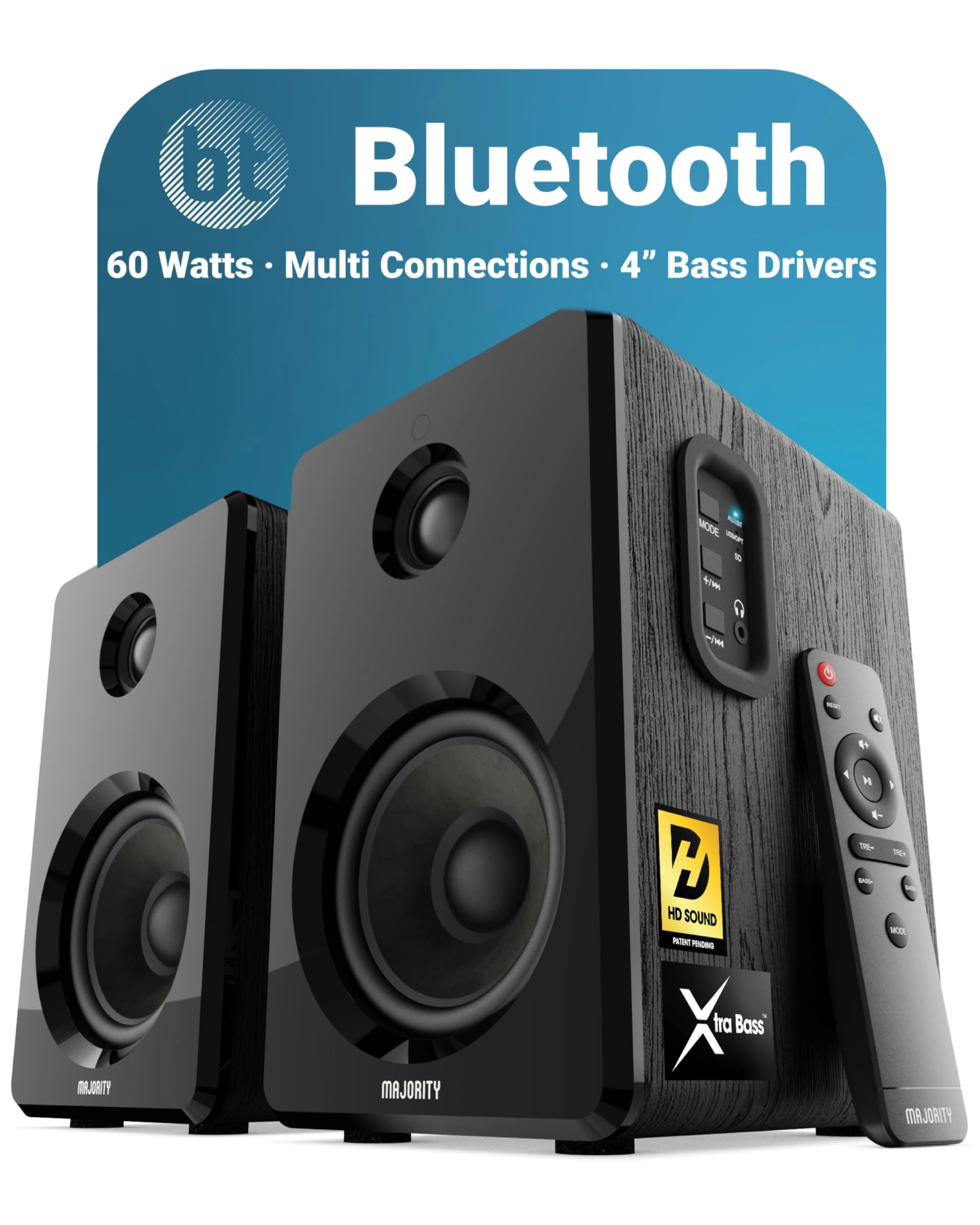 MAJORITY D40 | Active Bluetooth Bookshelf Speakers | Amplified HiFi Speakers with 60W 2.0 Channel 4" Drivers | Powered Studio Loudspeakers with Optical, USB & AUX Input | Remote Control Included