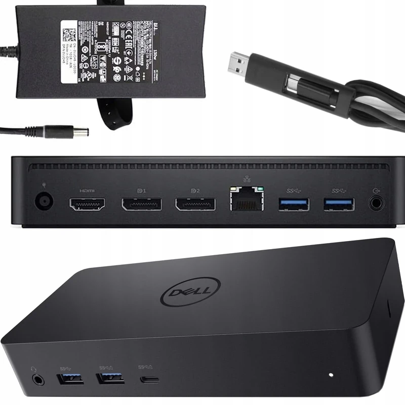 Dell D6000 USB-C Triple Docking Station, Up to Three 4K Displays, UHD 5K, USB 3.0, Gigabit Ethernet, 130-Watt AC Adapter, Charges Laptop Up to 65W