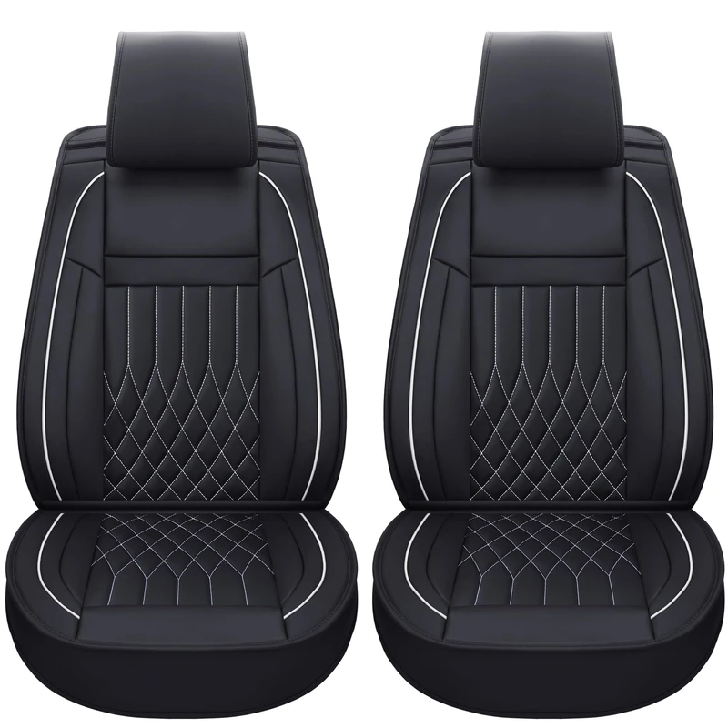 Aierxuan 2pcs Car Seat Covers Front Set with Waterproof Leather,Airbag Compatible Automotive Vehicle Cushion Cover Universal fit for Most Cars (Black and White)