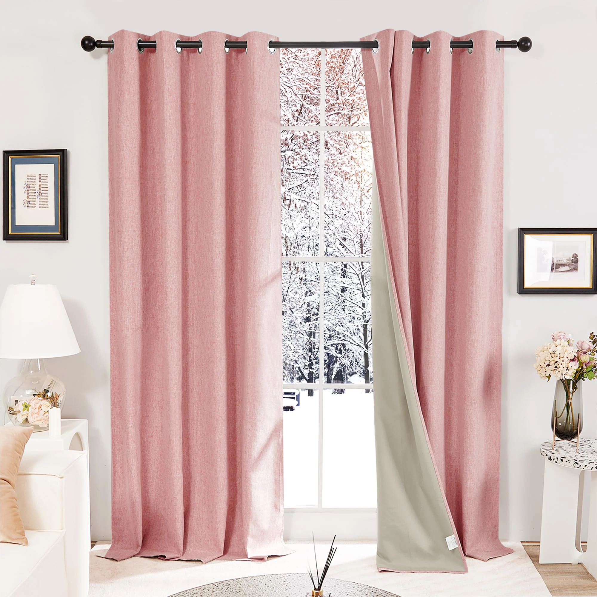 Deconovo Super Soft Total Blackout Curtains Faux Linen Thermal Insulated Eyelet Curtains for Kids Bedroom Blush Pink W52 x L63 One Pair