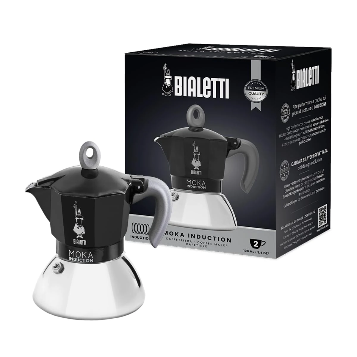 Bialetti New Moka Induction Induction Coffee Maker, 2 Cups, 90 milliliters, Aluminium, Black