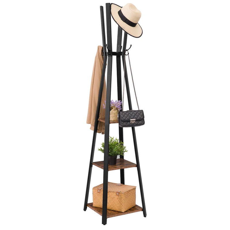 HOOBRO Coat Stand, Sturdy Coat Rack with 3 Shelves, Free Standing, Ladder Shelf with Hooks for Hats, Bags, Scarves and Clothes, Steel Frame, Industrial Style, Rustic Brown EBF82YM01
