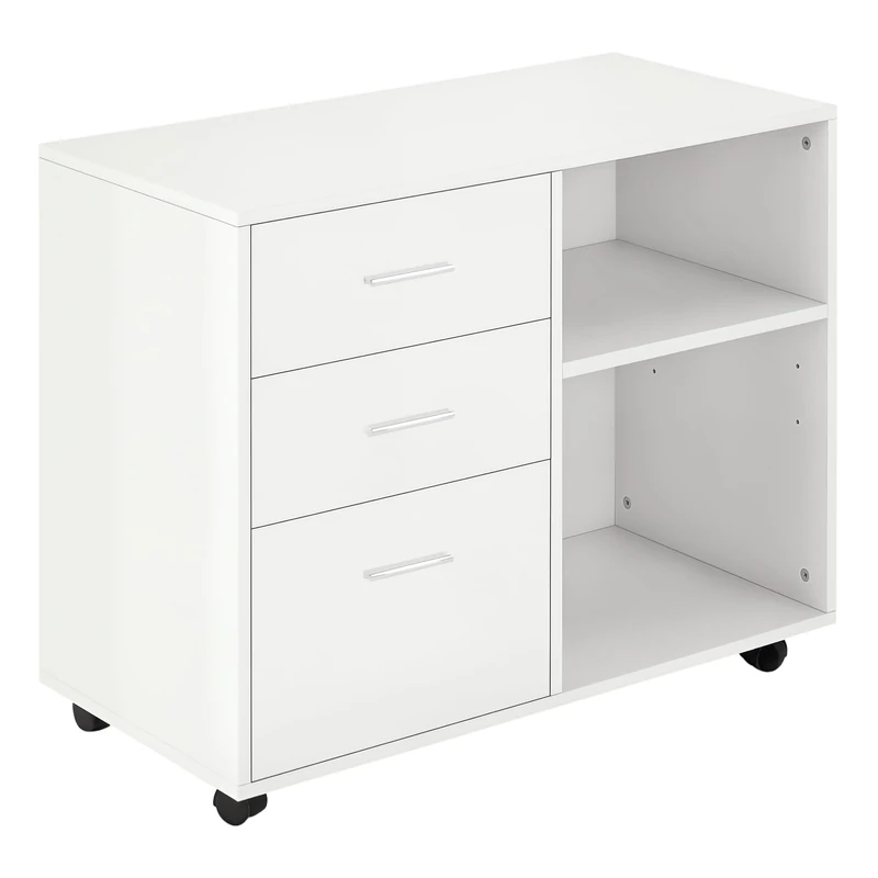HOMCOM Freestanding Printer Stand Unit Office Desk Side Mobile Storage w/Wheels 3 Drawers, 2 Open Shelves Modern Style 80L x 40W x 65H cm - White