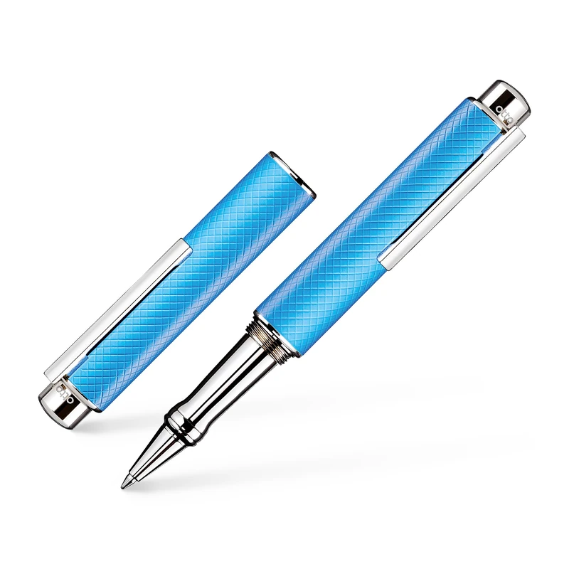 Otto Hutt Design 05 Ballpoint Pen 001-61990 – Ballpoint Pen with High-Quality Platinum Coating and Square Guilloche Painting in Blue – with Gas Pressure Refill M, Blue