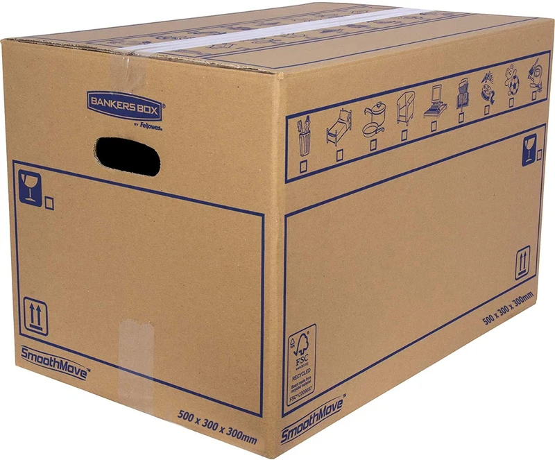 Bankers Box 6208201 Pack of 10 Cardboard Boxes with Handles for Moving, Storage and Transportation, Ultra Resistant, Reinforced Double Channel, 45 Litres, Brown, 50 x 30 x 30 cm