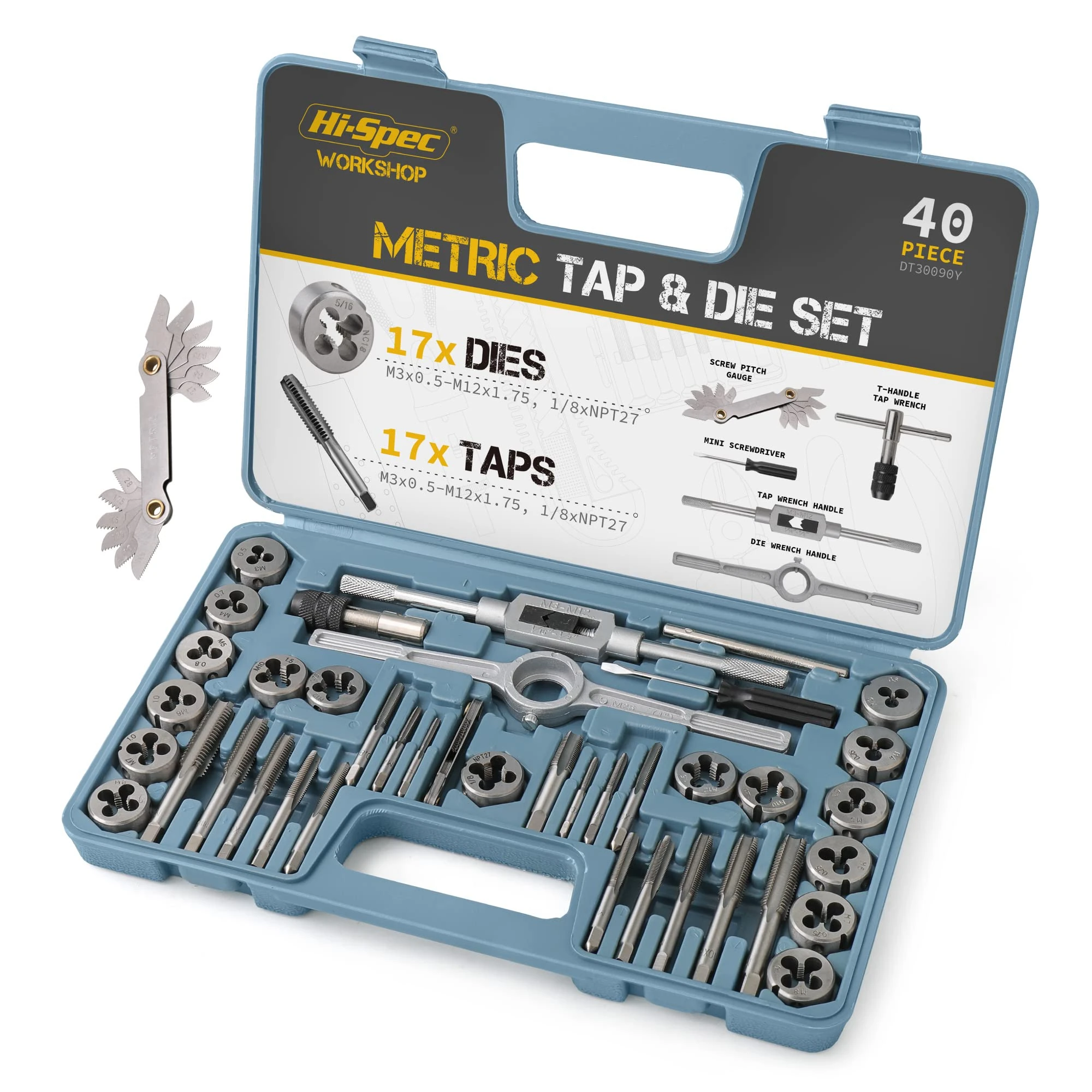 Hi-Spec 40pc Metric Tap & Die Set. Complete M3 to M12 Tapping and Threading Tools with Tap Wrench & Screw Pitch Gauge Accessories