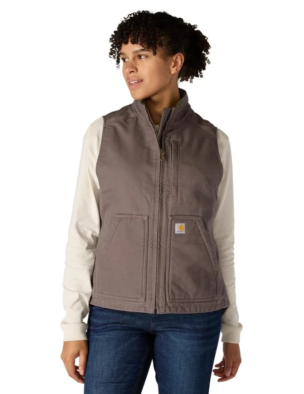 Carhartt, Women's, Relaxed Fit Washed Duck Sherpa Lined Mock Neck Vest, Taupe Grey, M
