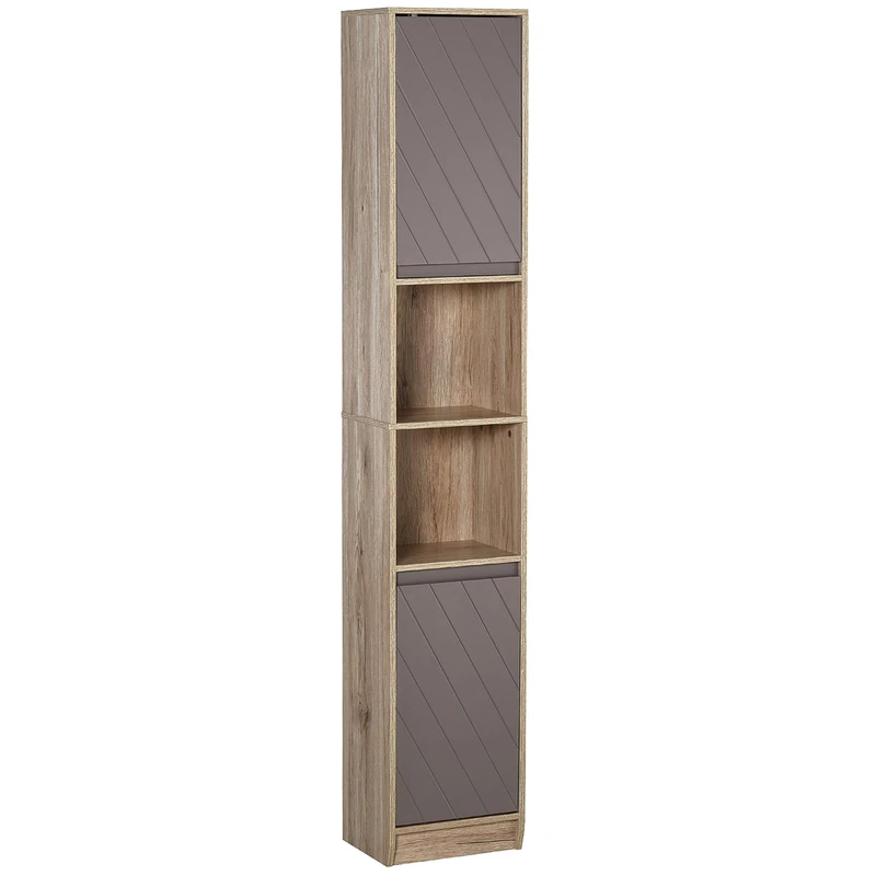 HOMCOM Narrow Bathroom Cabinet, Slim Bathroom Storage Unit with Open Compartment, Freestanding Storage Cupboard with Adjustable Shelves for Small Spaces, 30 x 24 x 170 cm, Grey and Oak