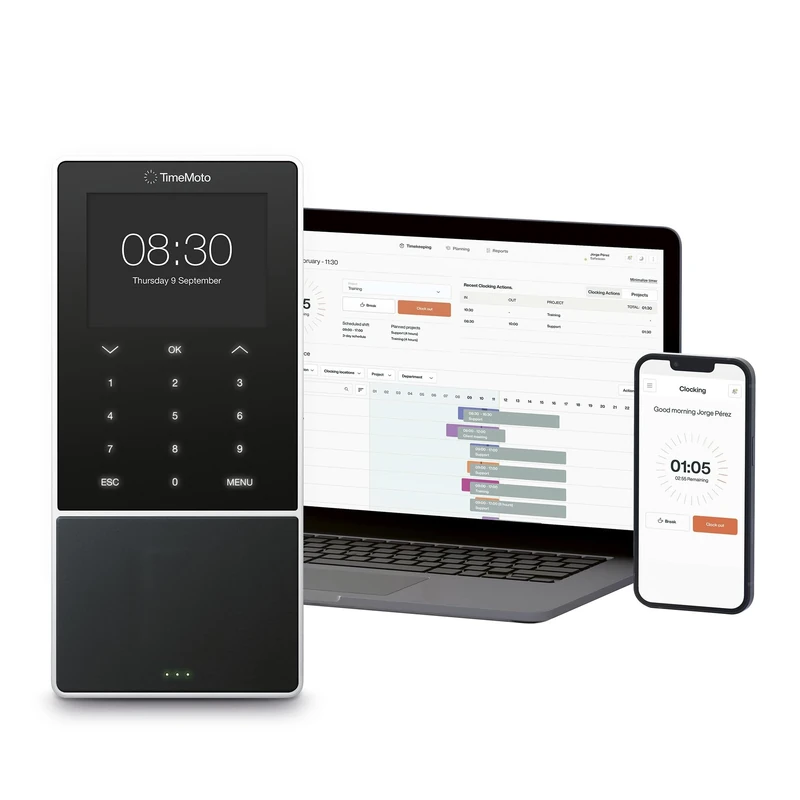 TimeMoto TM—818 SC Cloud-Based Employee Time Clock, Pairs With Contactless Smart Access Cards, RFID Badge/Keyfob, PIN, Up To 2,000 Users, Worked Hours Reporting, Timesheets, Wi-Fi, App for iOS/Android