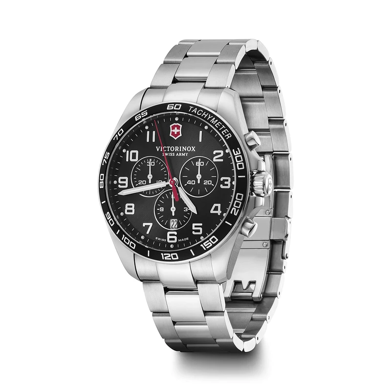 Victorinox Men’s Watch Fieldforce Classic Chrono Ø 42 mm, Swiss Made, Analogue Quartz, Water-Resistant up to 100 m, Stainless Steel Strap, Black/Silver