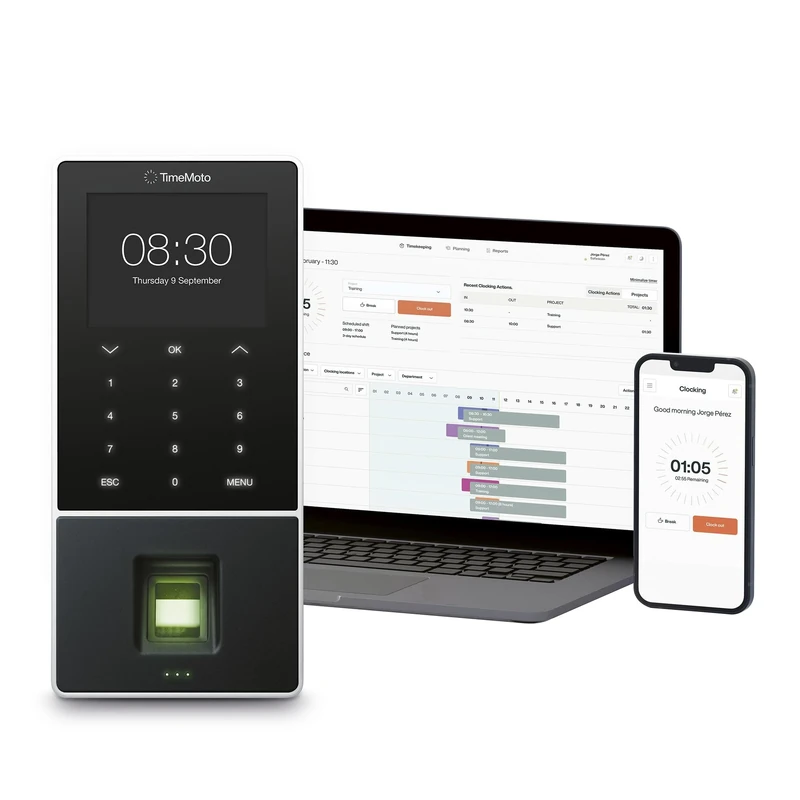 TimeMoto TM—828 SC Cloud-Based Employee Time Clock with Fingerprint Sensor, Pairs with Contactless Access Cards, RFID Badge, PIN, 2,000 Users, Worked Hours Reporting, Wi-Fi, App for iOS/Android