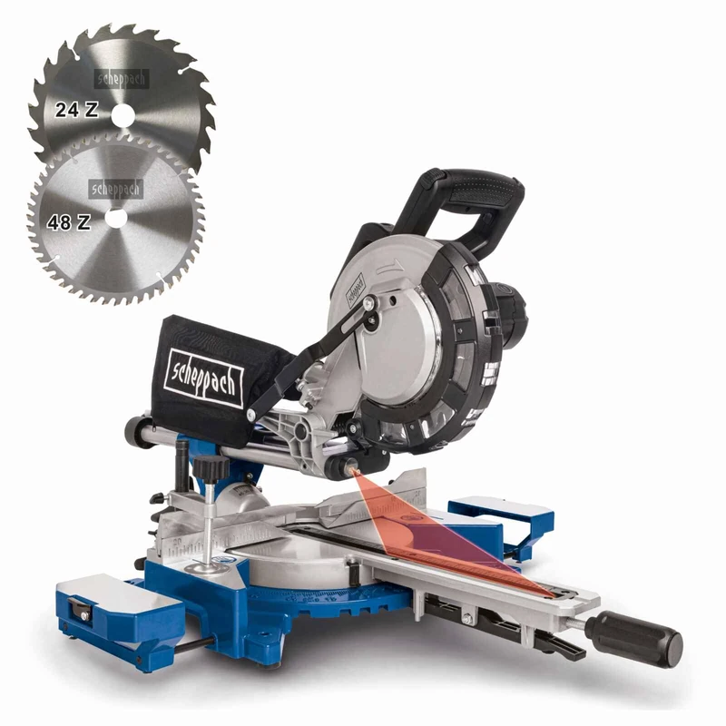 Scheppach HM216 Compound Sliding Mitre Saw | 216mm Blade | 2000W Motor | 45° Bevel 340mm Cross Cut | Laser Guide & Quick-Lock | Inc. 24T & 48T TCT Blade Wood DIY