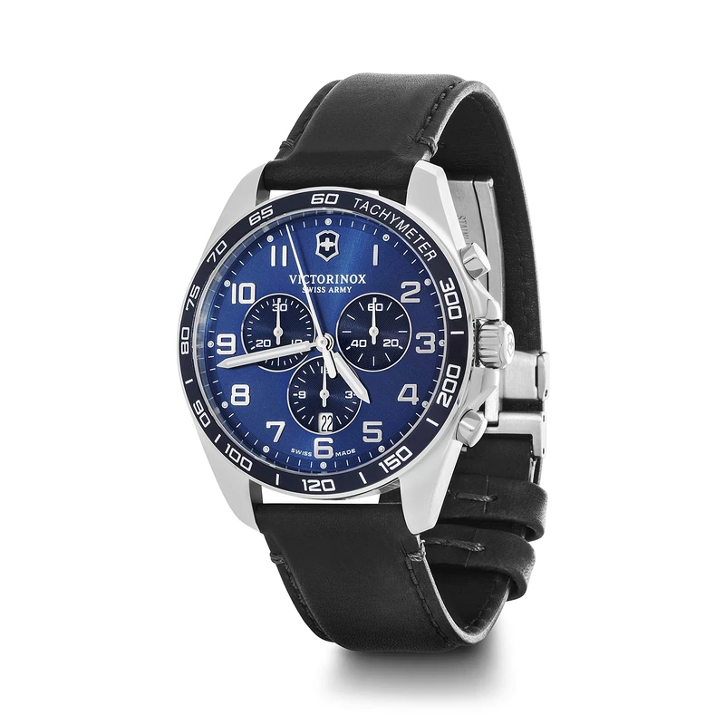 Victorinox Men’s Watch Fieldforce Classic Chrono Ø 42 mm, Analogue Quartz, Water-Resistant up to 100 m, Sapphire Glass, Leather Strap, Blue/Black