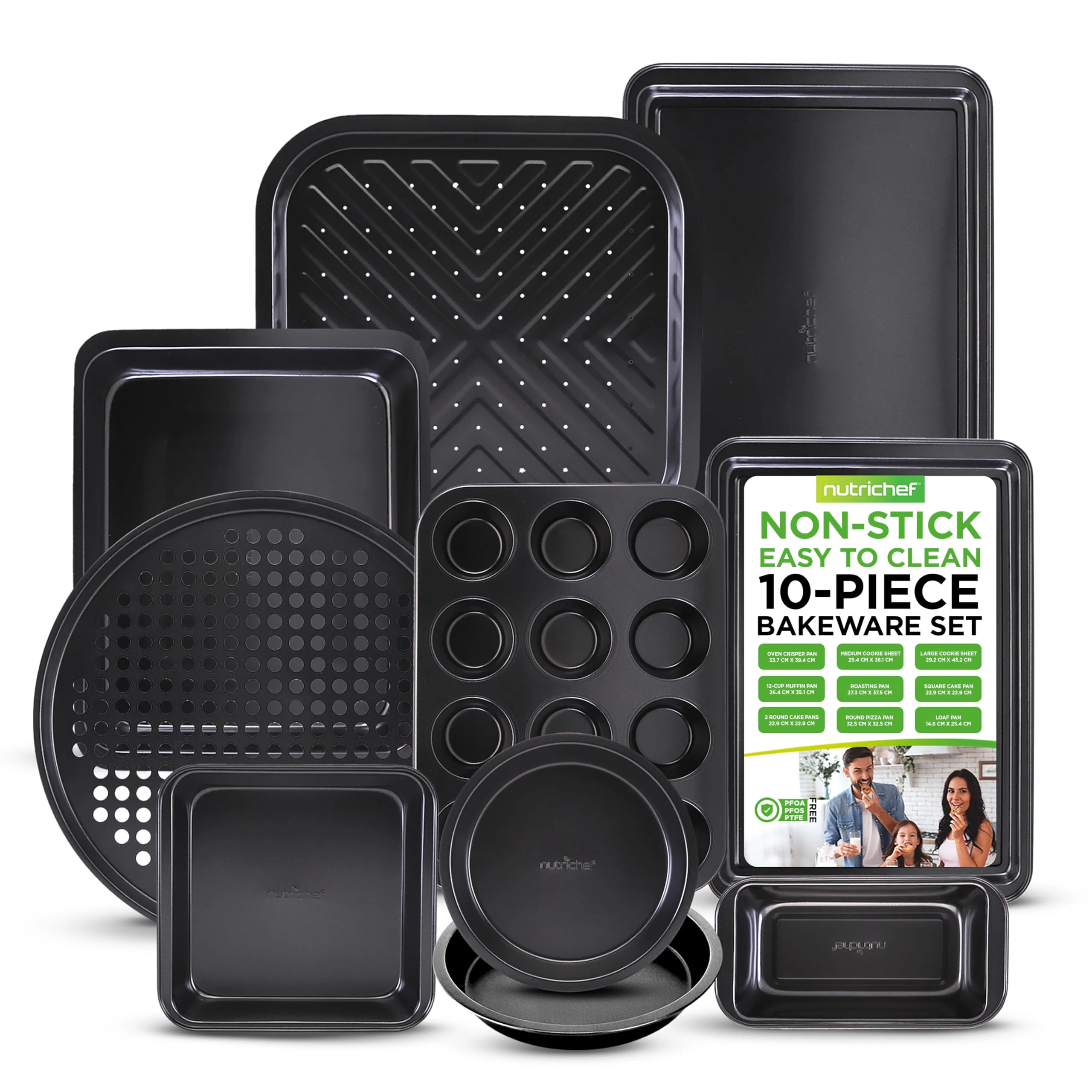 Nutrichef Oven Tray Set, Baking Trays for Oven Non Stick Set, Bakeware Cooking Pans, Cookie Sheets, 10 Piece Carbon Steel Square, Round, Loaf, Pizza, Cupcake Tins, Dishwasher Safe, Black