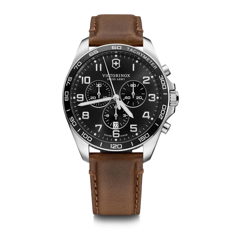 Victorinox Men’s Watch Fieldforce Classic Chrono Ø 42 mm, Analogue Quartz, Water-Resistant up to 100 m, Sapphire Glass, Leather Strap, Black/Brown