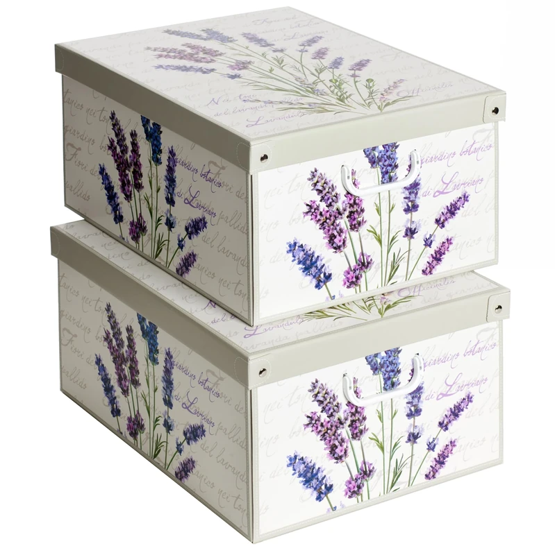 Lavatelli Collection – Set of 2 Lavender Scented Decorative Storage Boxes – Cardboard Boxes with Lids and Handles – Ideal for Clothes, Toys, Accessories, Home Organisation