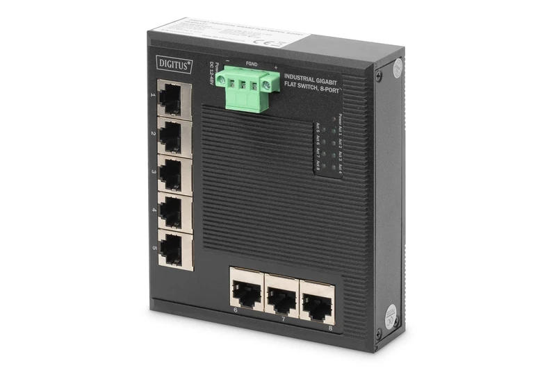 DIGITUS Flat Network Switch - 8-port Gigabit Ethernet - DIN rail mounting - terminal block - fanless - black