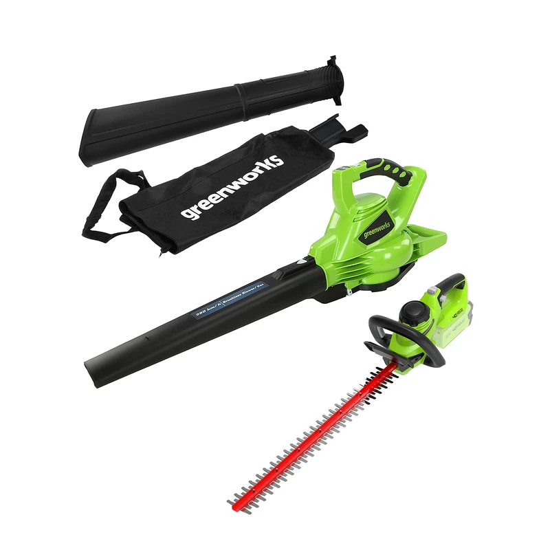 Greenworks Cordless Vacuum and Leaf Blower 2-in-1 GD40BV & Cordless Hedge Trimmer G40HT (Li-Ion 40 V 280 km/h Air Speed 61 cm Cutting Length 27 mm Cutting Thickness Without Battery or Charger)