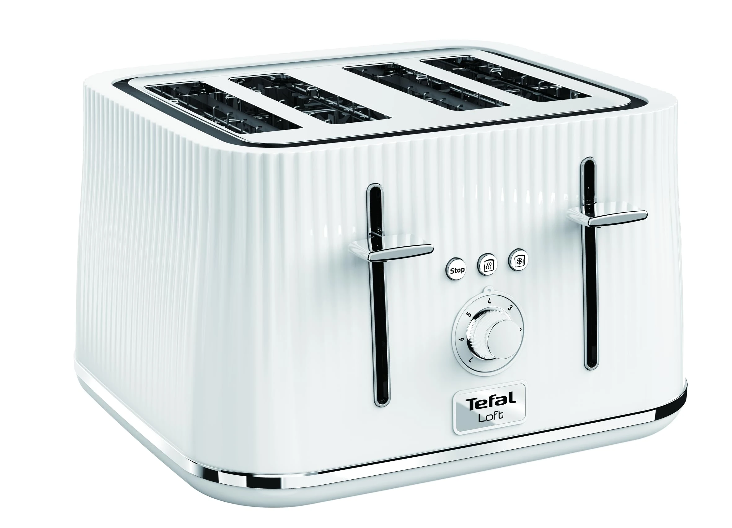 Tefal Loft 4-Slot Toaster, 7 Browning Levels, Defrost, Stop + Reheat Functions, Removable Crumb Tray, High-lift + Self-Centring Racks, 1700W, TT760140, Classic Design in White