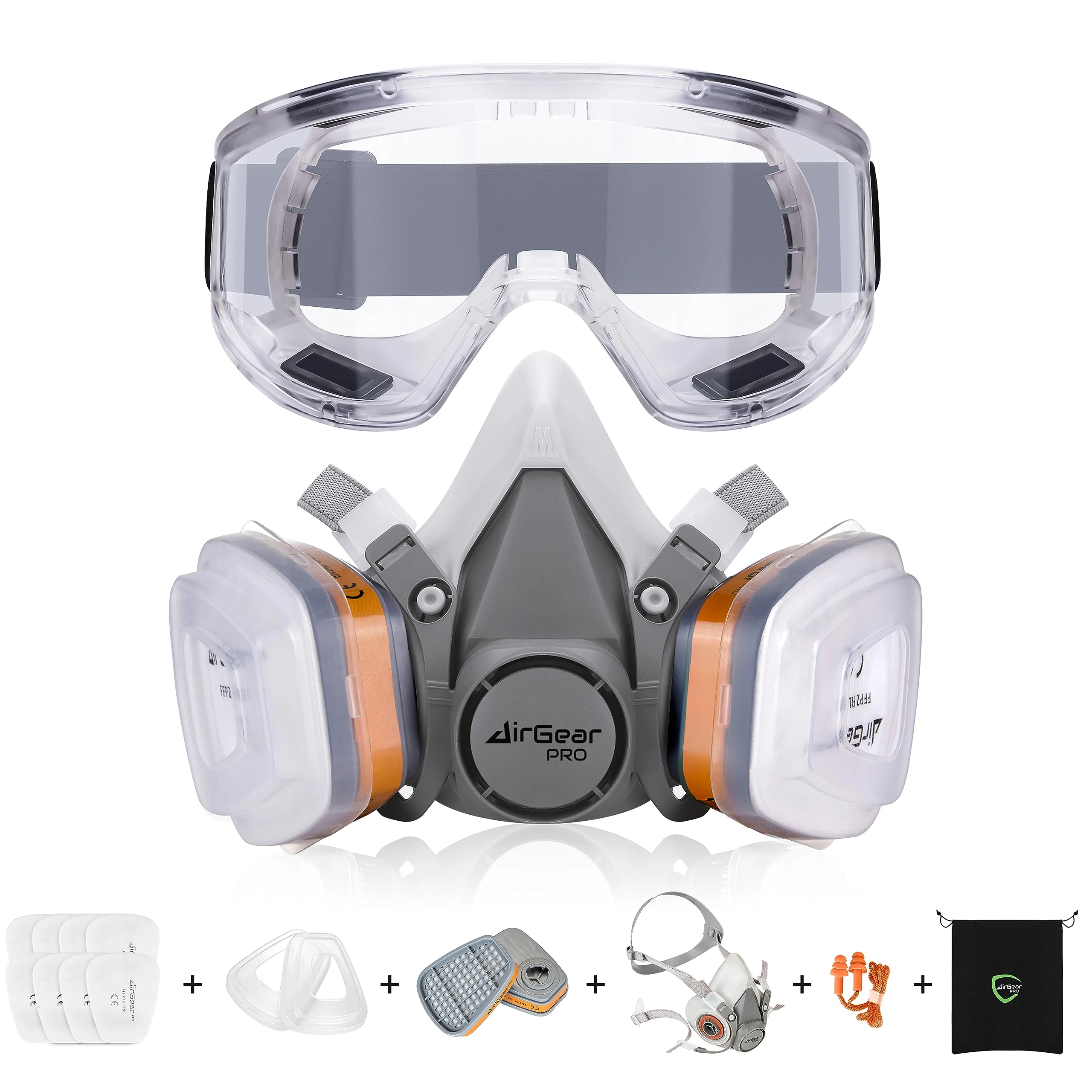 AirGearPro G-500 Reusable Respirator Mask with A1P2 Filters and Safety Goggles | Anti-Dust Gas mask Ideal for Spray painting, Sanding, Pesticide spraying, Building work, Chemical, Military and more.