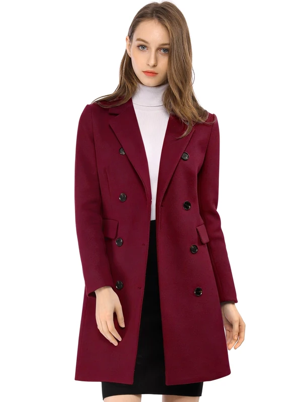 Allegra K Women's Winter Coat Elegant Notched Lapel Double Breasted Trench Coat, Burgundy, M