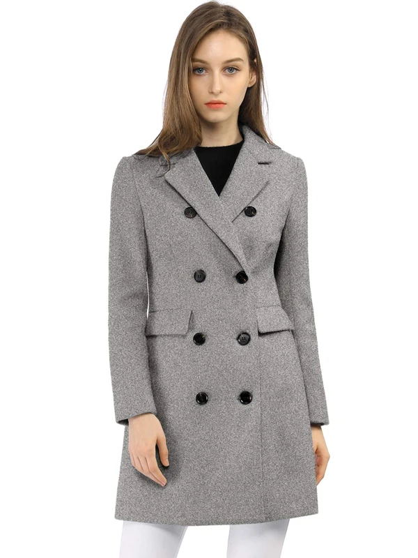 Allegra K Women's Winter Coat Elegant Notched Lapel Double Breasted Trench Coat, Grey, S