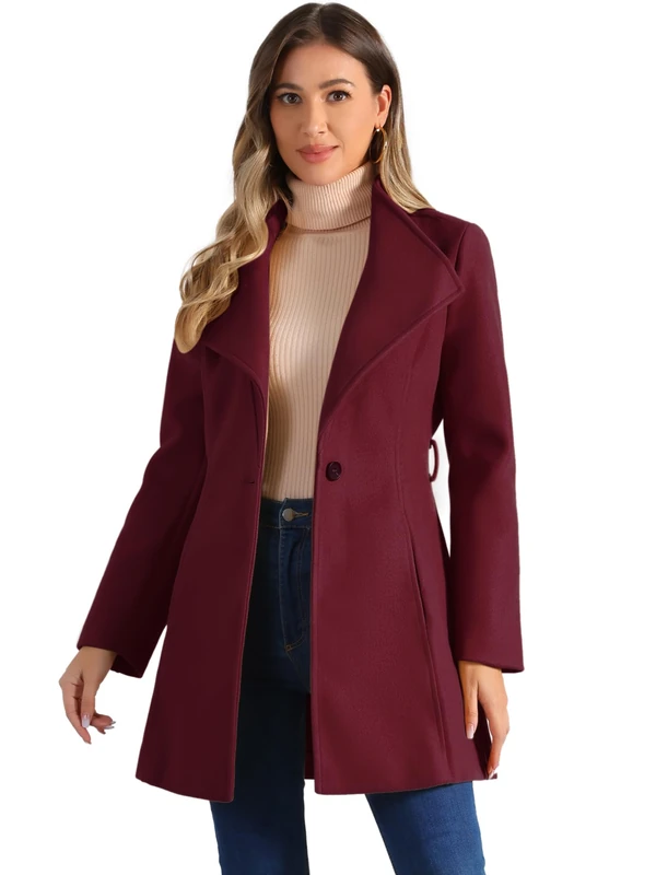 Allegra K Women's Classic Stand Collar Long Sleeve Winter Belted Long Coat, Burgundy, M