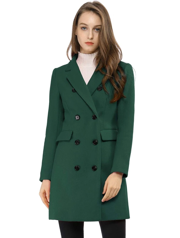 Allegra K Women's Winter Coat Elegant Notched Lapel Double Breasted Trench Coat, Green, XS