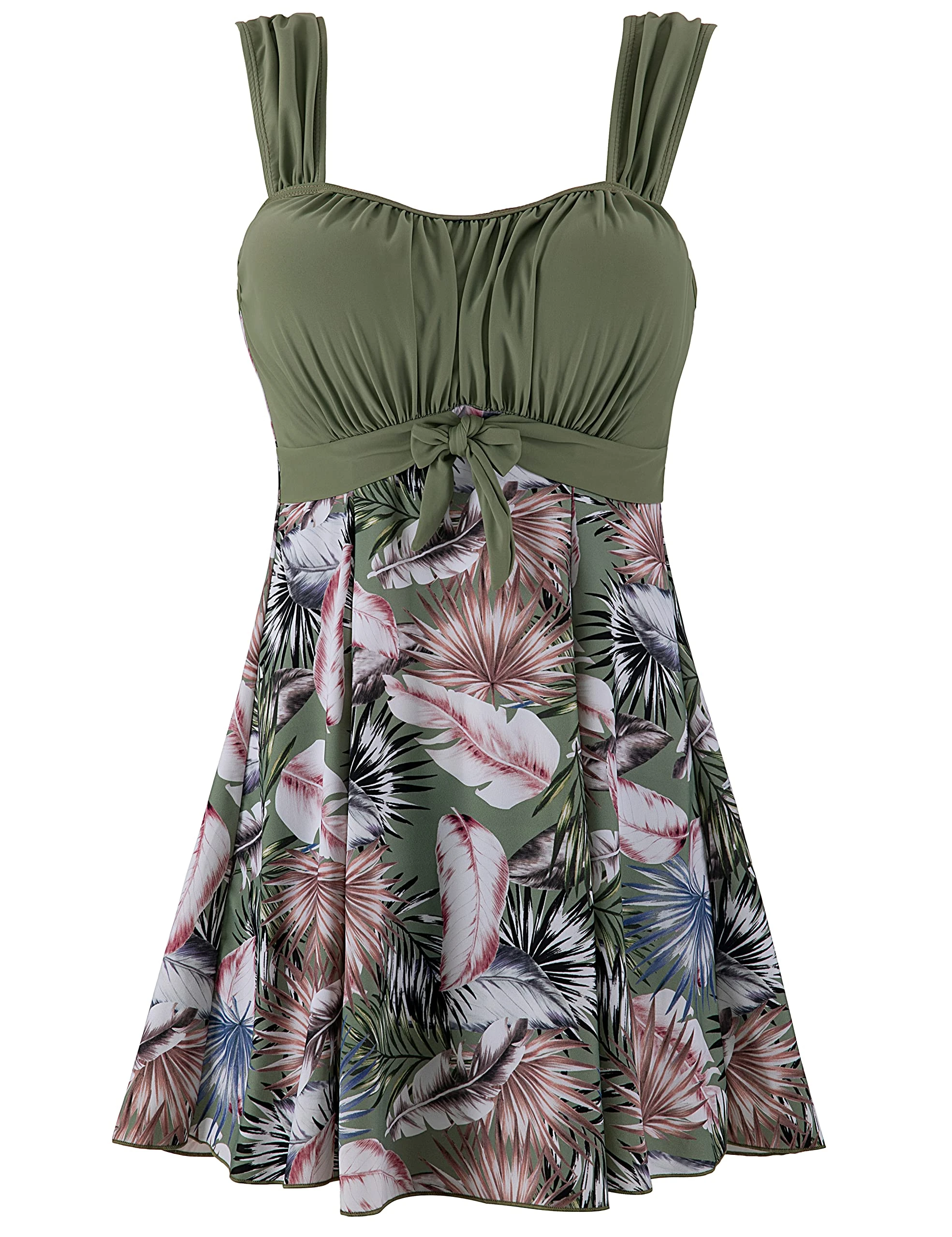 Wantdo Women's One-Piece Swim Dresses Plus Size Skirtini Tummy Control Swimsuits Summer Swimming Costume with Skirt Feather Print 24-26