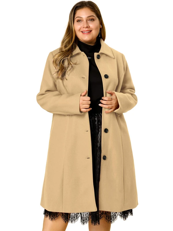 Agnes Orinda Women's Plus Size Single Breasted Belted Winter Long Coat, Khaki, 2X