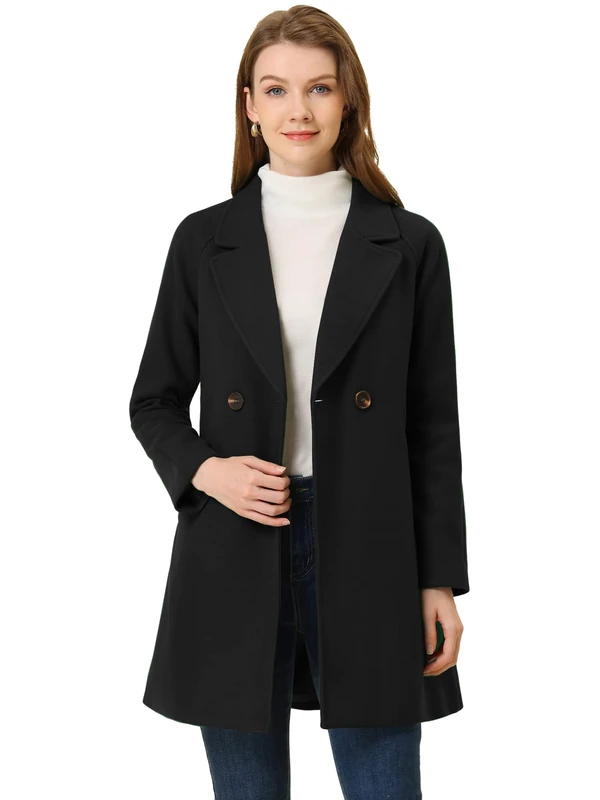 Allegra K Women's Notched Lapel Double Breasted Raglan Winter Coats, Black, XL