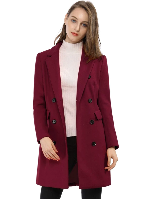 Allegra K Women's Winter Coat Elegant Notched Lapel Double Breasted Trench Coat, Burgundy, S