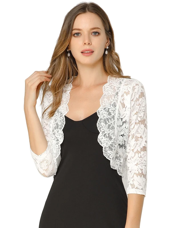 Allegra K Women's Elegant 3/4 Sleeve Sheer Floral Lace Shrug Top - White - Large