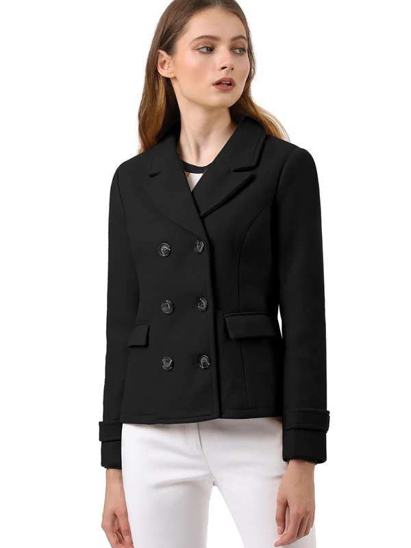 Allegra K Women's Notched Lapel Double Breasted Pea Coat, Black, L - Image 1