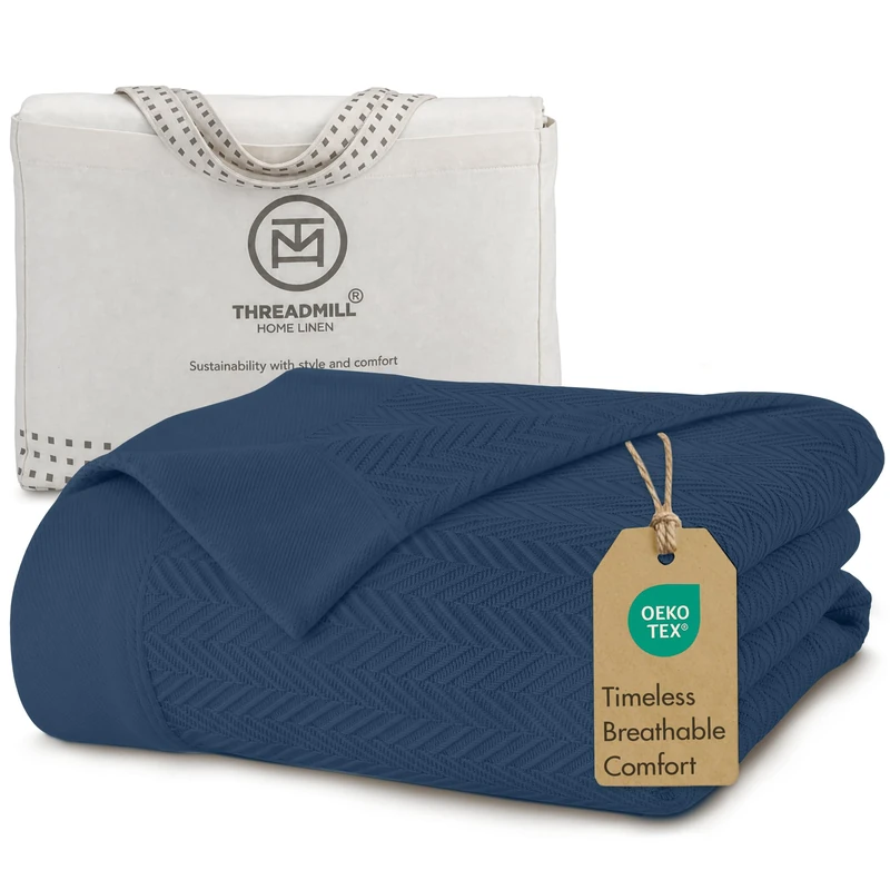 Threadmill 100% Pure Cotton, Twin Size Folkstone Blanket - Herringbone Pattern, Lightweight, Soft & Cozy Premium Fall Throw Blanket for All Seasons, 350GSM & 68x92 with Free Tote Bag