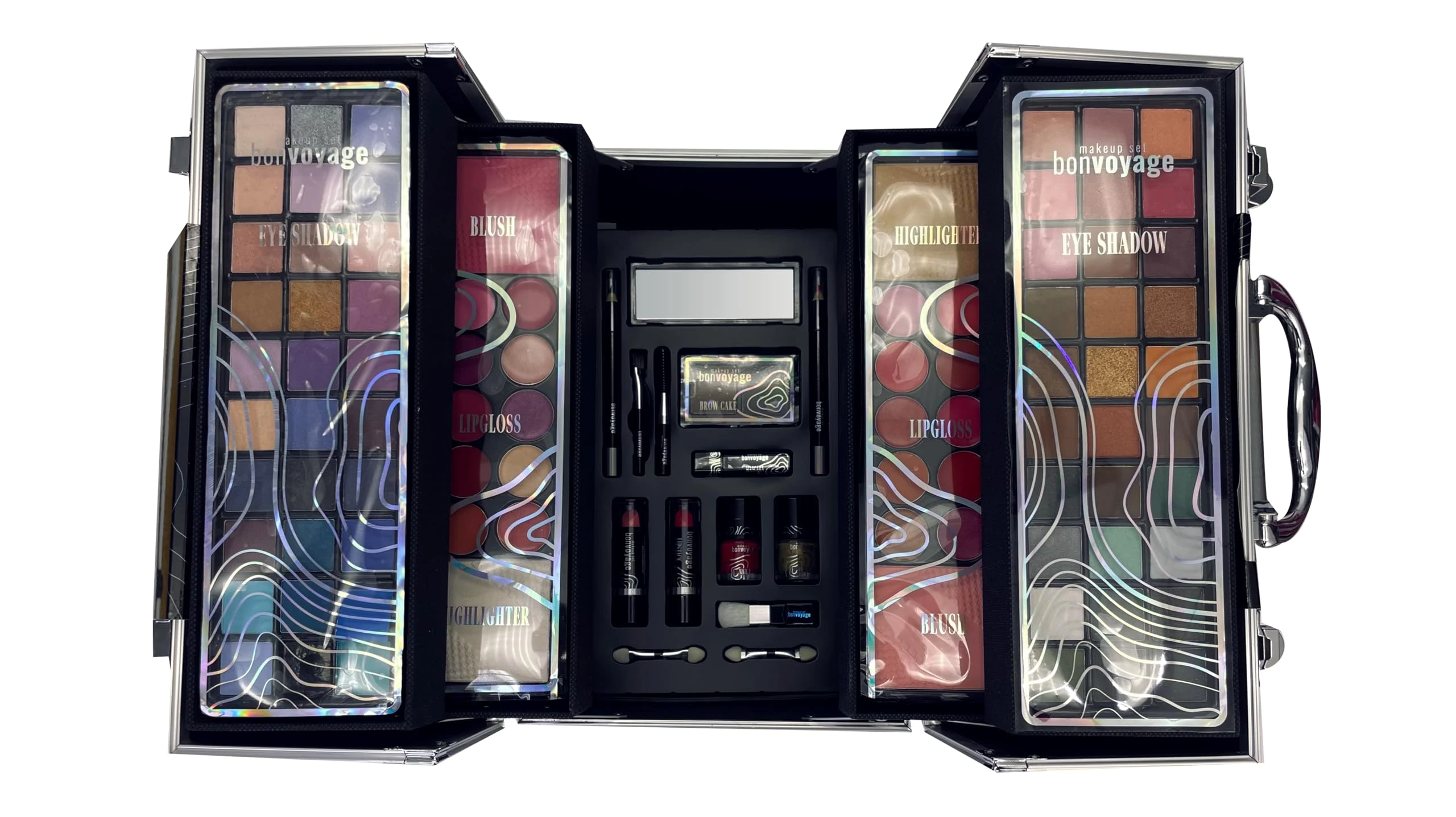 bonvoyage, 100-Piece Makeup Kit with Eyeshadows, Blush, Lipsticks, Lip Gloss, Mascara, Brow Gel, Manicure and Pedicure Set, Make up Brushes and More, Professional Colour