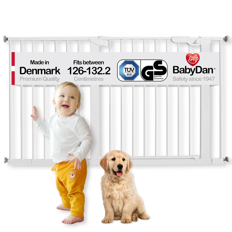 BabyDan Premier, Extra Wide Pressure Fit Stair Gate, 126-132.2 cm, Baby Gate/Safety Gate, Metal, White, Made in Denmark - (Pet Gate/Dog gate)