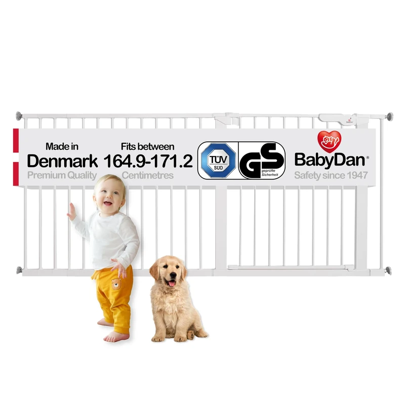 BabyDan Premier, Extra Wide Pressure Fit Stair Gate, 164.9-171.2 cm, Baby Gate/Safety Gate, Metal, White, Made in Denmark - (Pet Gate/Dog gate)