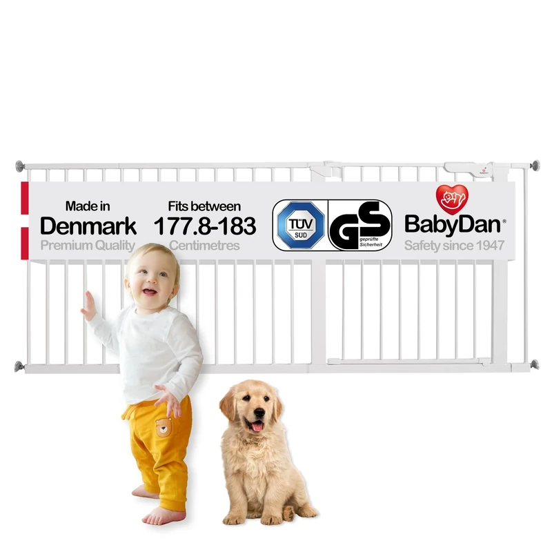 BabyDan Premier Extra Wide Pressure Fit Stair Gate, 177.8-183 cm, Metal, White, Made in Denmark - Pet/Dog Gate
