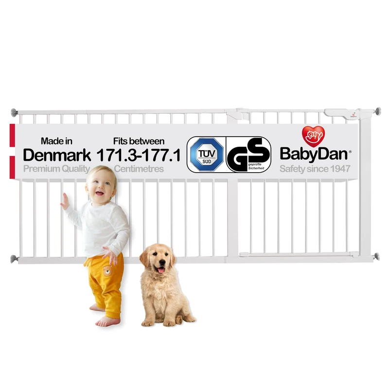 BabyDan Premier, Extra Wide Pressure Fit Stair Gate, 171.3-177.1 cm, Baby Gate/Safety Gate, Metal, White, Made in Denmark - (Pet Gate/Dog gate)