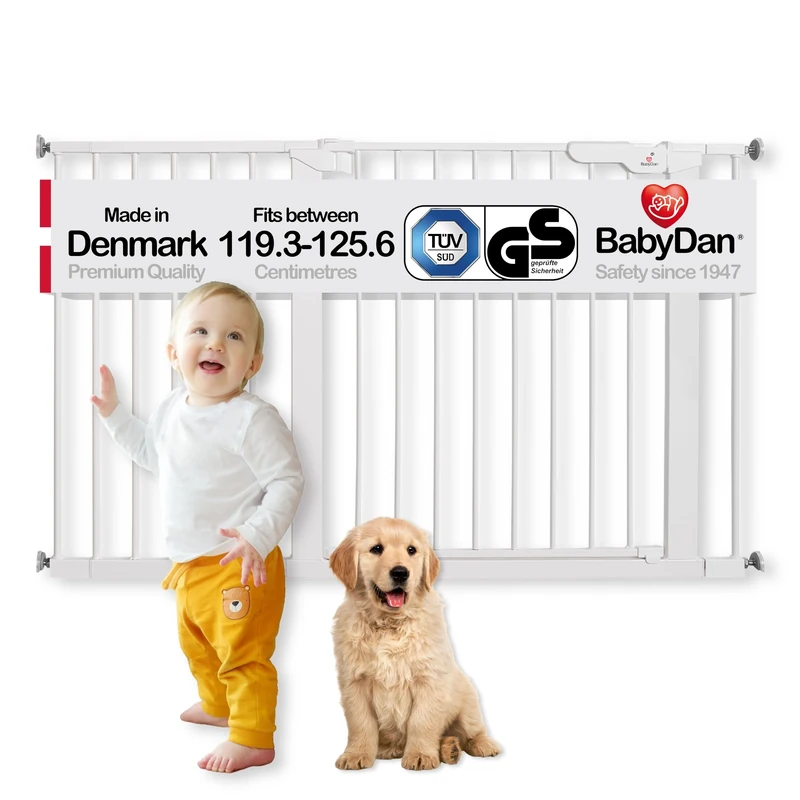 BabyDan Premier, Extra Wide Pressure Fit Stair Gate, 119.3-125.6 cm, Baby Gate/Safety Gate, Metal, White, Made in Denmark - (Pet Gate/Dog gate)