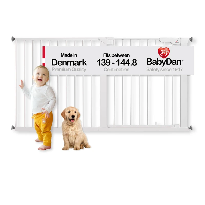 BabyDan Premier, Extra Wide Pressure Fit Stair Gate, 139-144.8 cm, Baby Gate/Safety Gate, Metal, White, Made in Denmark - (Pet Gate/Dog gate)