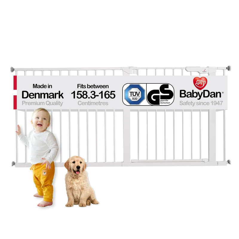 BabyDan Premier, Extra Wide Pressure Fit Stair Gate, 158.3-165 cm, Baby Gate/Safety Gate, Metal, White, Made in Denmark - (Pet Gate/Dog gate)