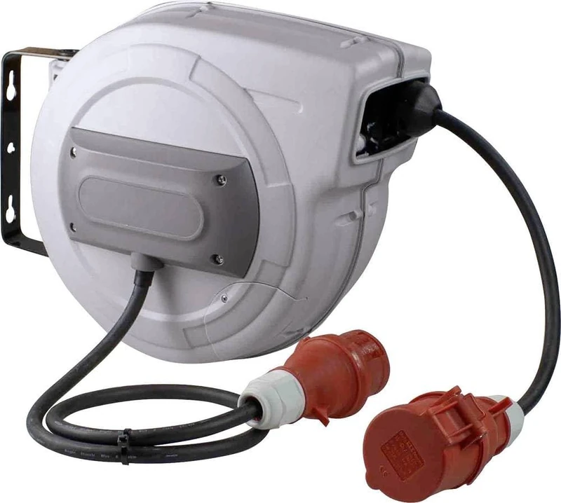 as - Schwabe Automatischer CEE Kabelaufroller für den Außenbereich, 15m inkl. schwenkbarer Wandbefestigung, Kupplungsleitung und 1m Steckerzuleitung, IP44, 400V 16A, 5 polig, max 10kW, grau