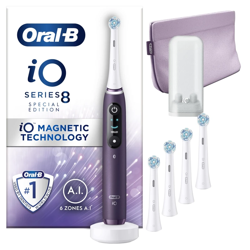 Oral-B iO8 Violet Electric Toothbrush + Oral-B iO Ultimate Clean White Toothbrush Heads x 5