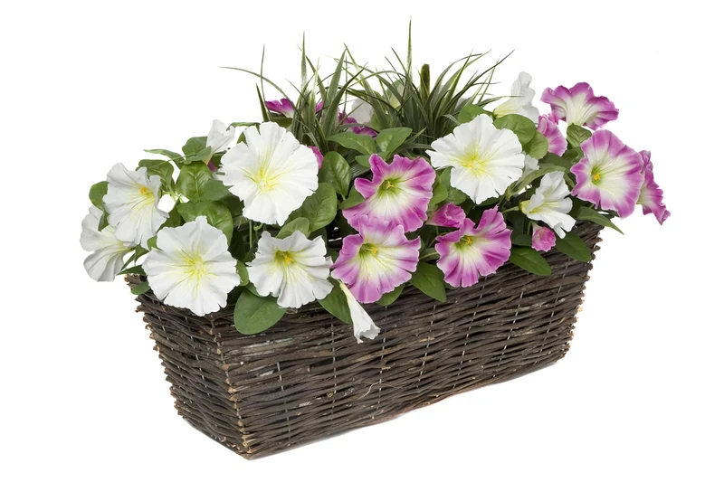 Artificial Rattan Window Box with Pink & White Petunias & Green Grasses & Foliage