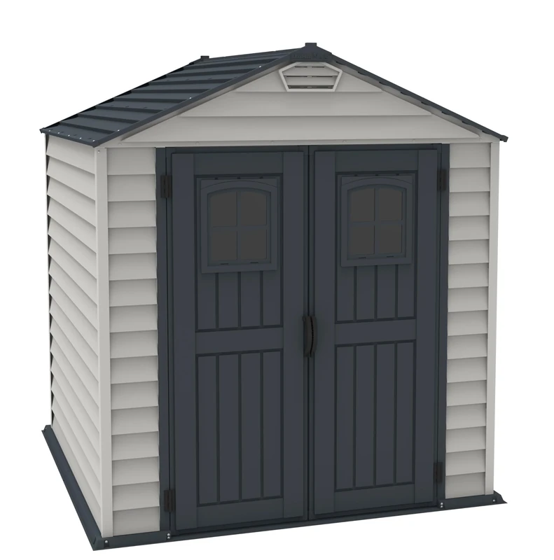 Duramax StoreMax PLUS 7 x 7 (4.44 m2) Plastic Garden Shed with Heavy-Duty Plastic Floor & Fixed Window on Doors, Strong Metal Roof Structure & Maintenance-Free Storage Shed, Dark Grey & Adobe