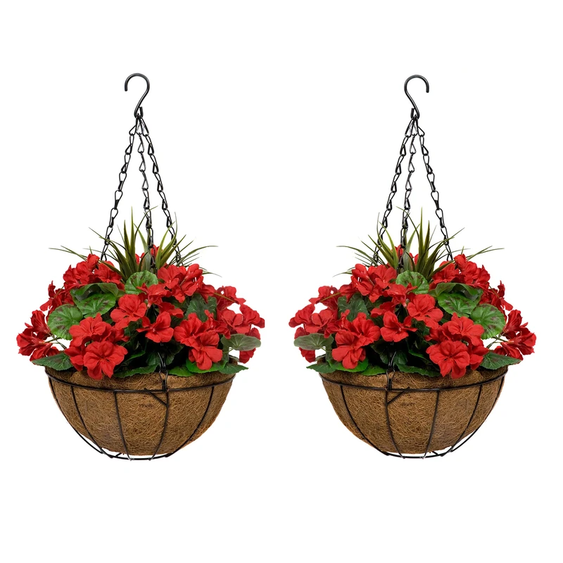 GreenBrokers Coir 2X Artificial Round Hanging Baskets with Red Geraniums (Set of 2)