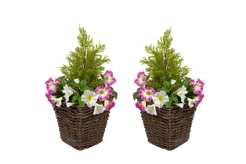 Artificial Rattan Patio Planters with Pink & White Petunias & Cedar Topiary (Set of 2)