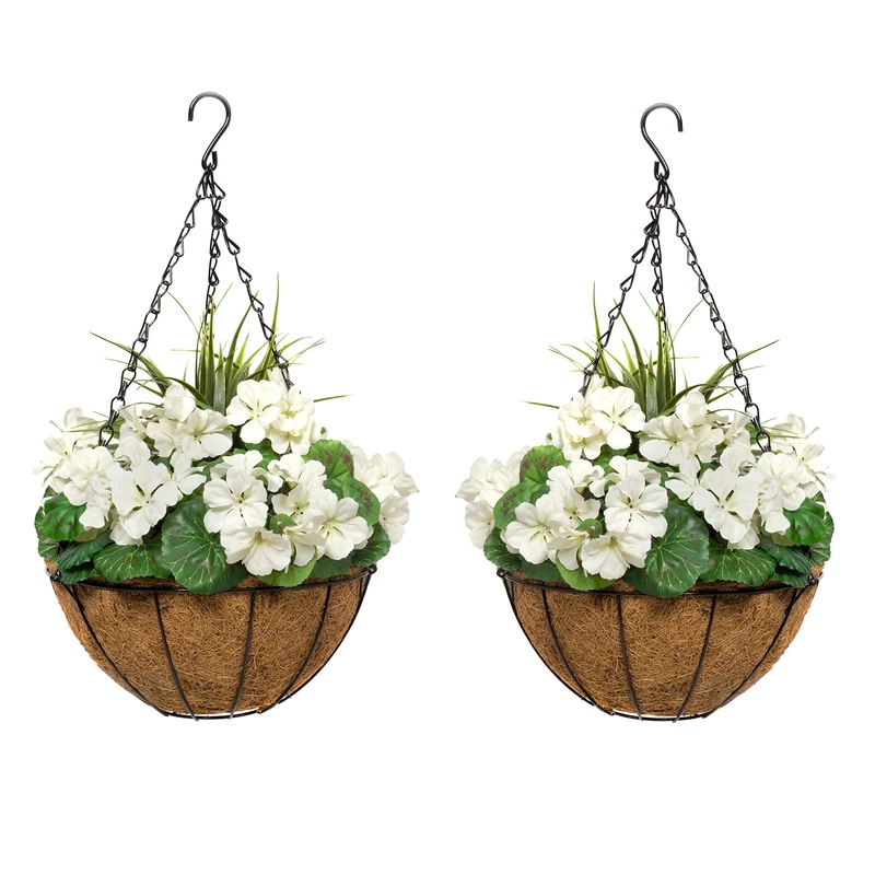 GreenBrokers 2x Artificial Round Coir Hanging Baskets with White Geraniums (Set of 2)